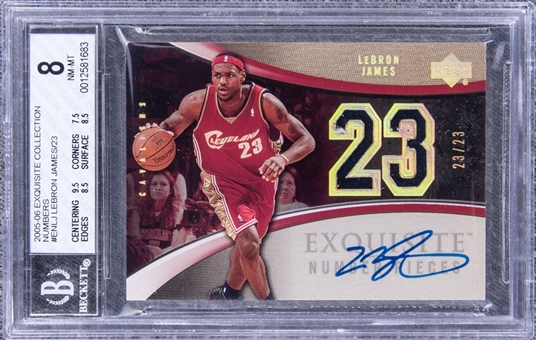 2005-06 UD "Exquisite Collection" Exquisite Number Pieces #ENLJ LeBron James Signed Game Used Patch Card (#23/23) – LeBrons Jersey Number! – BGS NM-MT 8/BGS 10